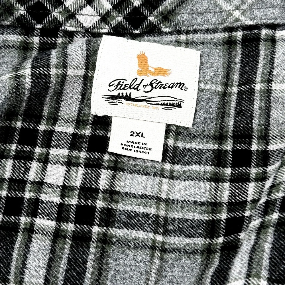 Field & Stream Flannel Shirt Mens XXL Heavy Cotton Gray Multi Plaid Long Sleeves